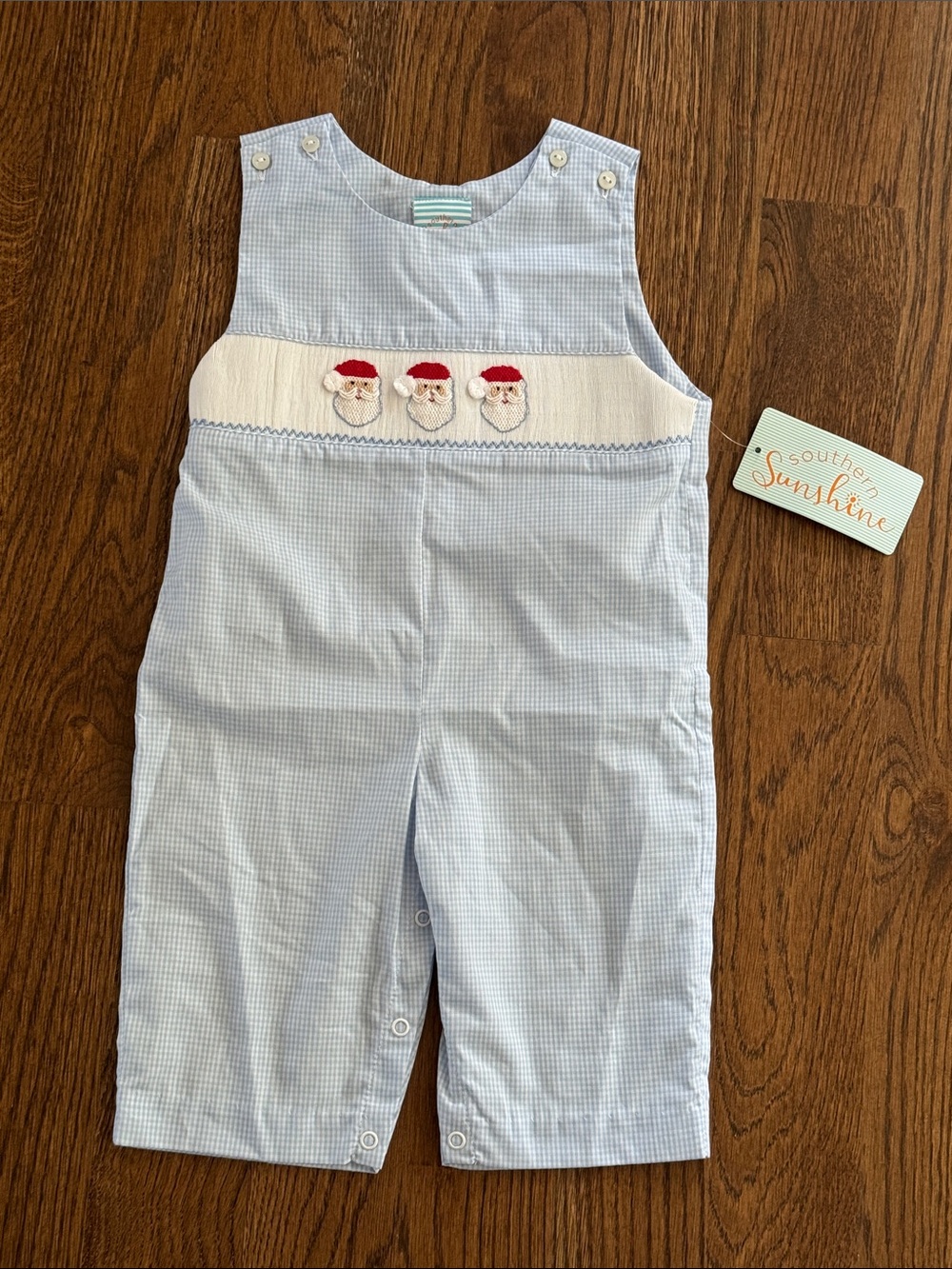 Blue Gingham Smocked Embroideted Santa Romper New With Tags